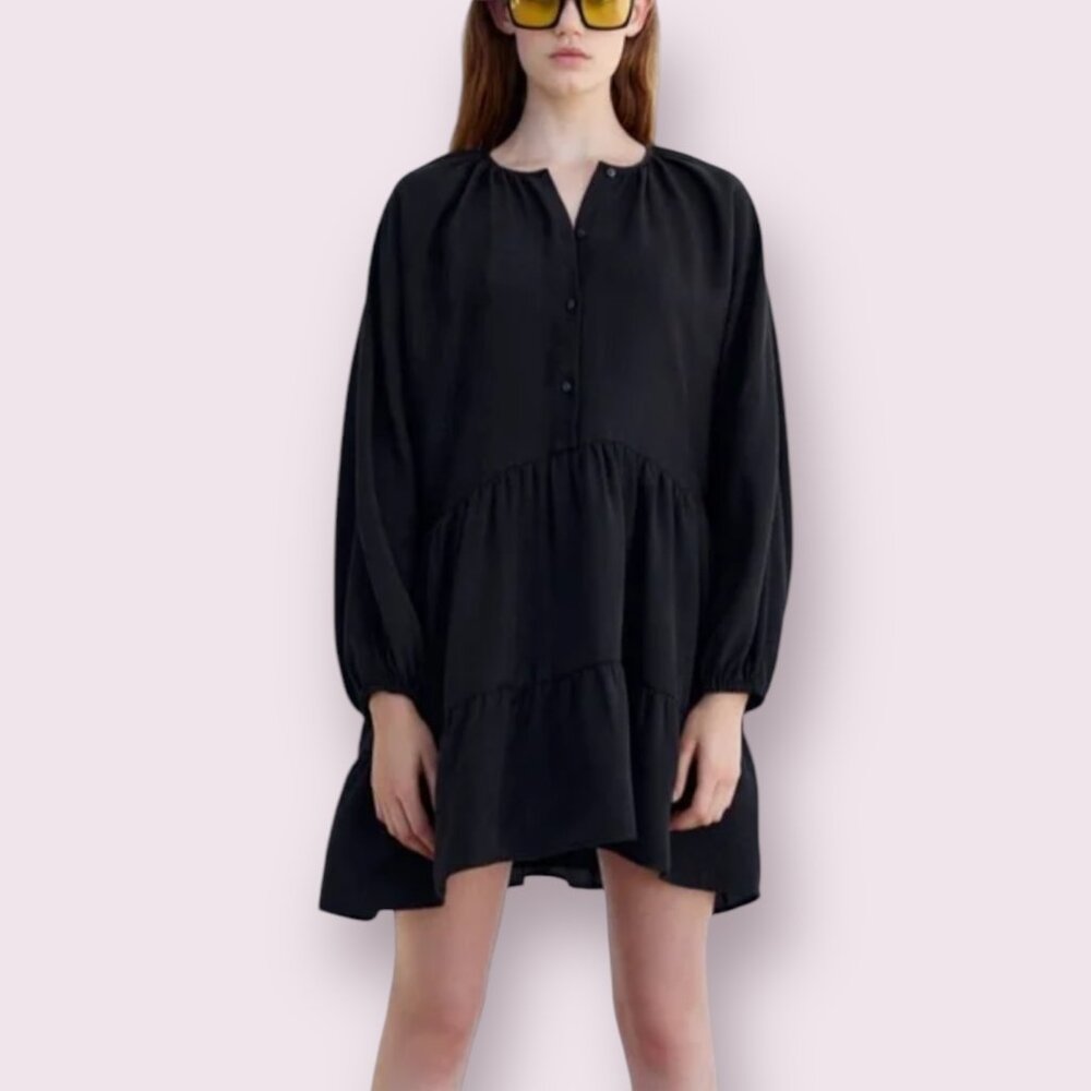 Zara Womens Black Mini Dress XS Long Sleeve Tiered Button Front